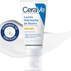 CeraVe, Loción Hidratante de Rostro SPF 50, Para Piel Normal a Seca, Hidratación y Alta Protección Contra los Rayos UVB/UVA, Enriquecida con Ceramidas, 52ml