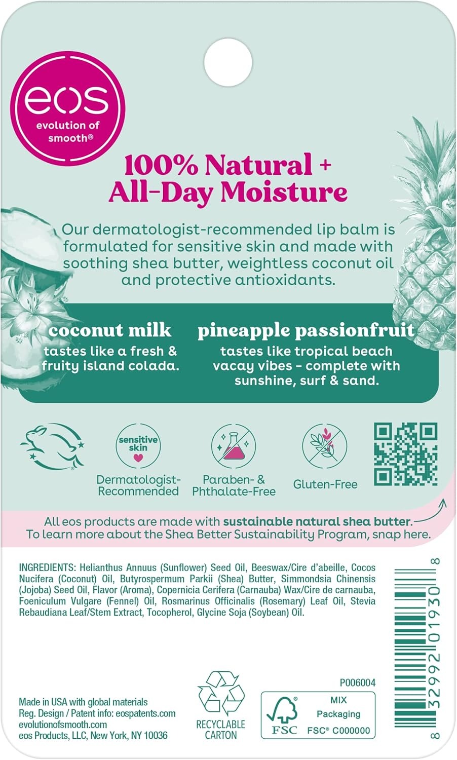 eos Bálsamo labial en barra de karité súper suave, leche de coco y piña maracuyá, hidrata profundamente y sella la humedad, ingredientes de origen sostenible - Image 2